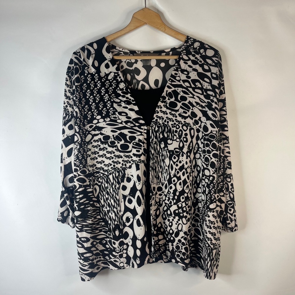 TanJay 2-in-1 Layered Top Women 3X Black White Abstract Sequin 3/4 Sleeve V-Neck